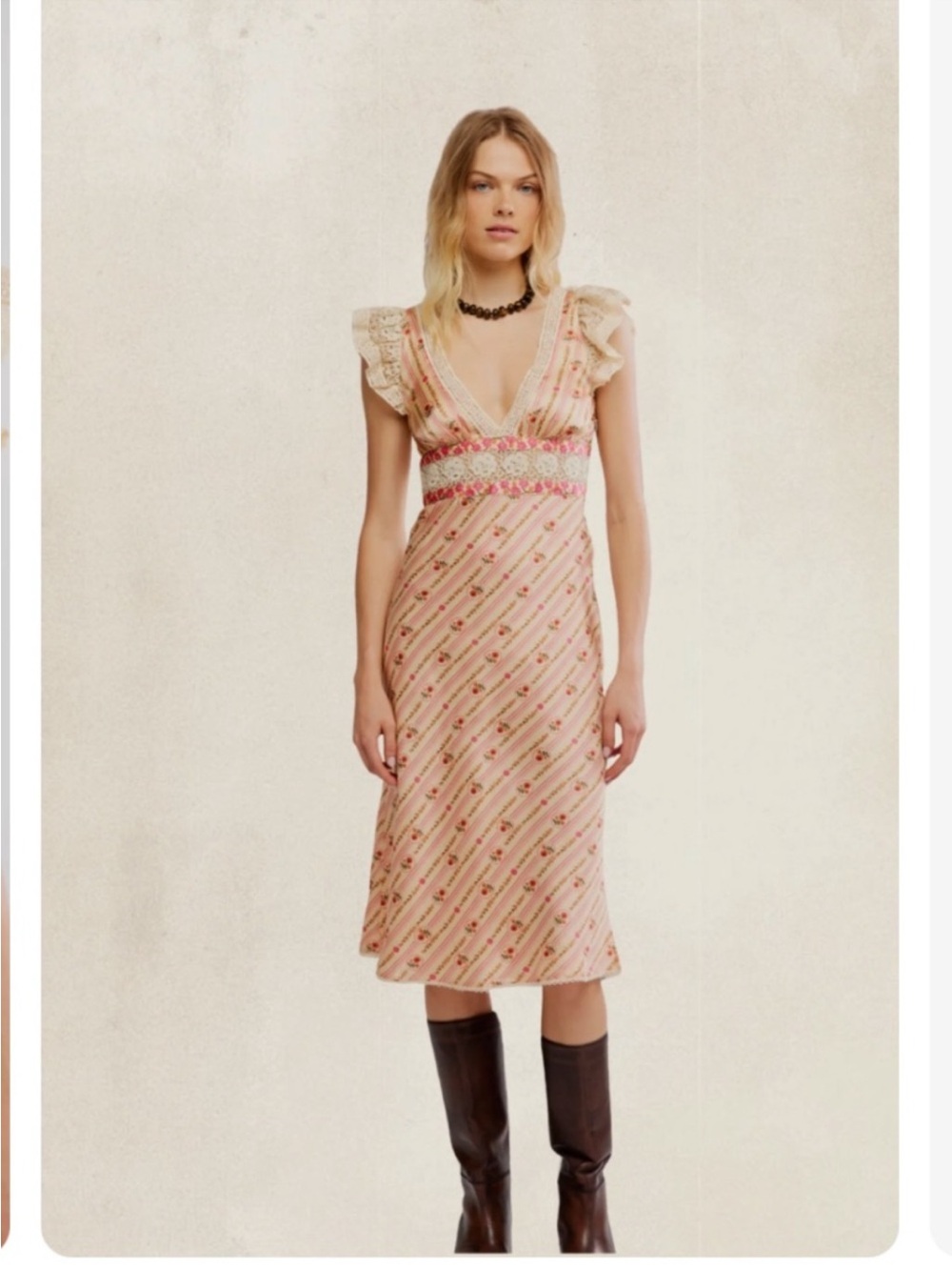 Free People Bali Belle Floral Print Deep VNeck Cap Sleeve Lace Detail Midi Dress